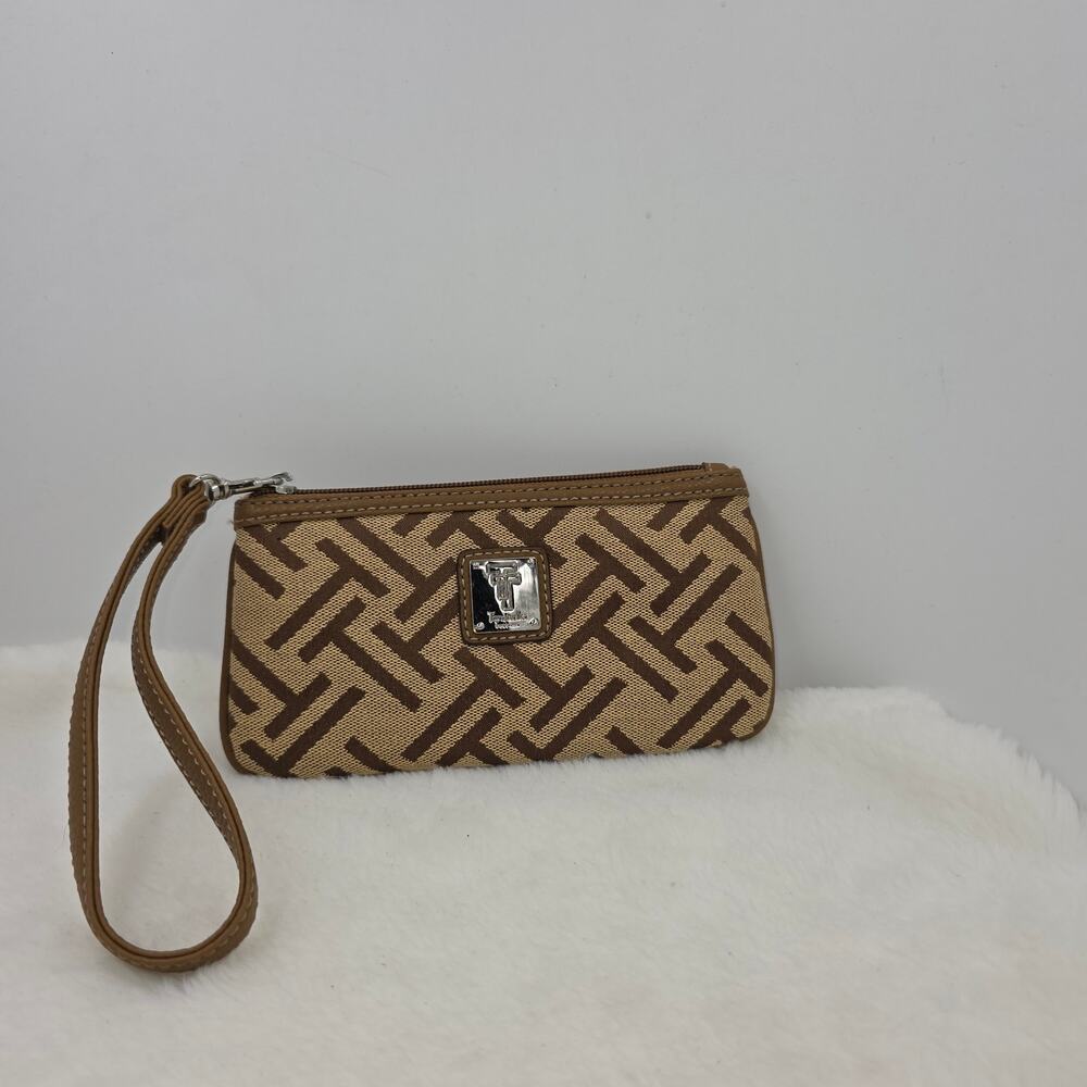 Tagnanello Jacquard Wristlet Pouch Tan Brown Interlocking 'T' Pattern 7.5"x4"